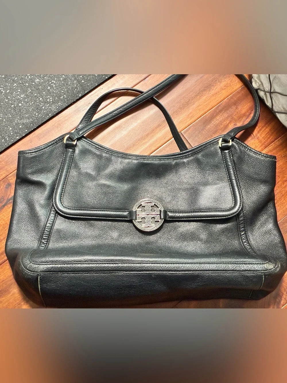 Tory Burch Black Leather Satchel with Silver Logo